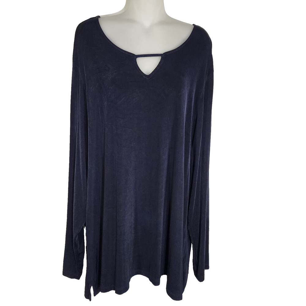 Coldwater Creek Travel Slinky Top Size 3X V Neck Keyhole Blue Knit Long Sleeve